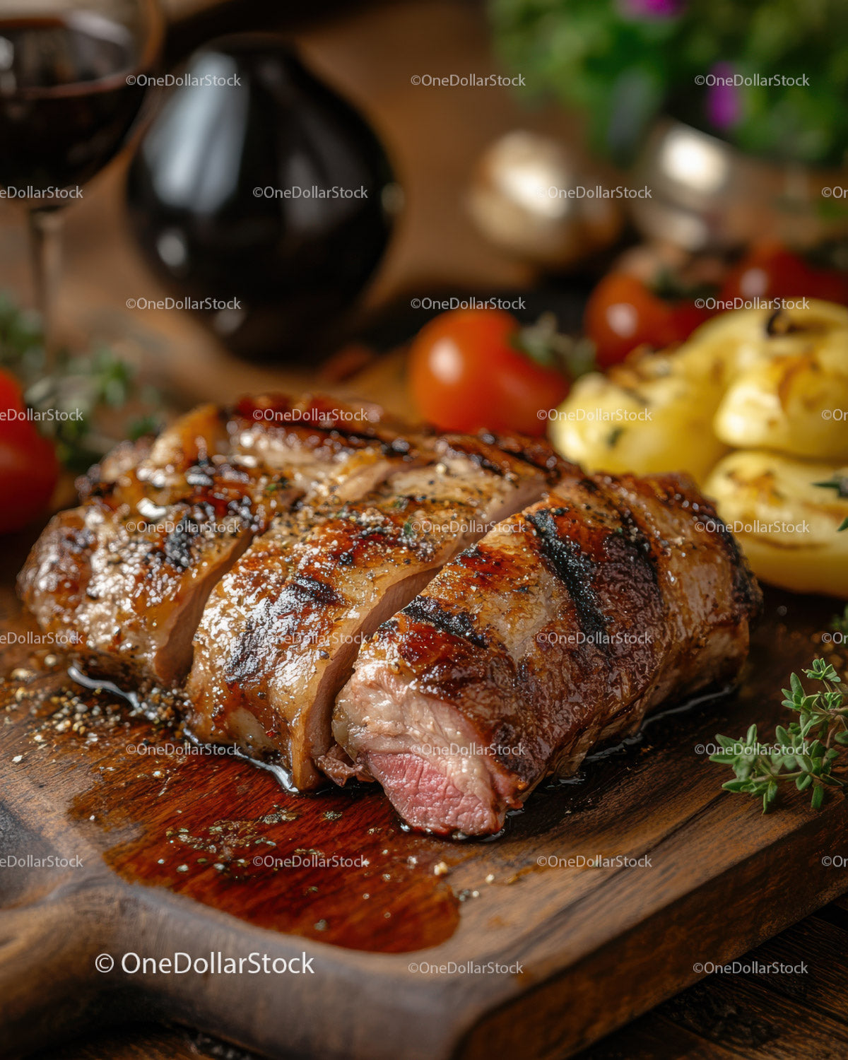 Gourmet Grilled Steak on Wooden Board with Cherry Tomatoes and Herbs