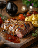 Gourmet Grilled Steak on Wooden Board with Cherry Tomatoes and Herbs