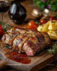 Gourmet Grilled Steak on Wooden Board with Cherry Tomatoes and Herbs