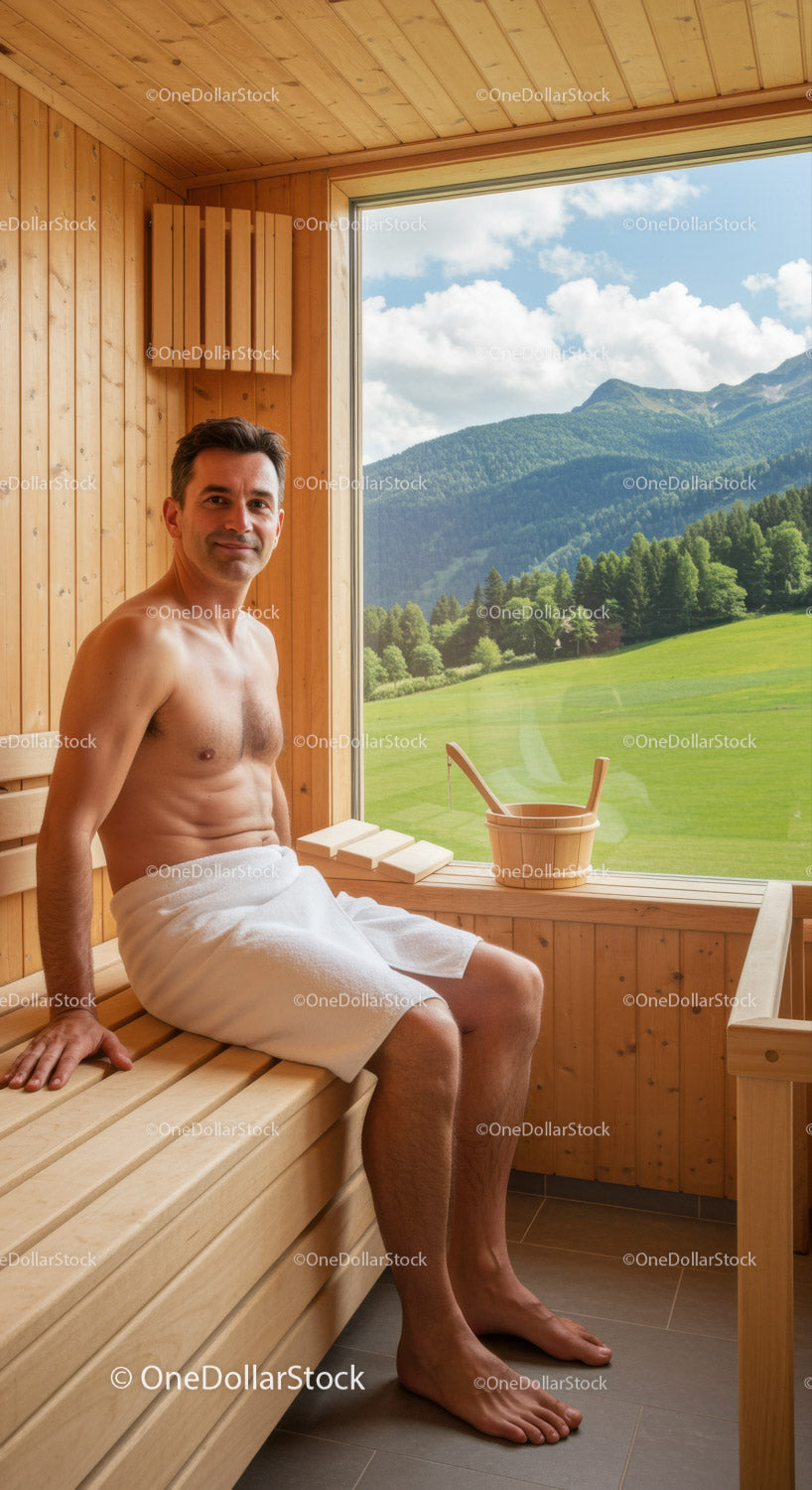 Man Relaxing in Wooden Sauna with Scenic Mountain View