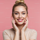 Bright Smiling Woman with Blue Eyes and Blonde Hair on Pink Background