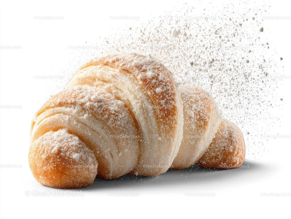 Fresh Flaky Croissants with Powdered Sugar on White Background