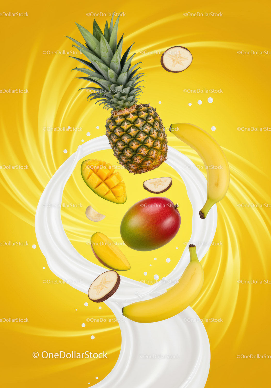 Tropical fruits and yogurt splash on vibrant yellow background