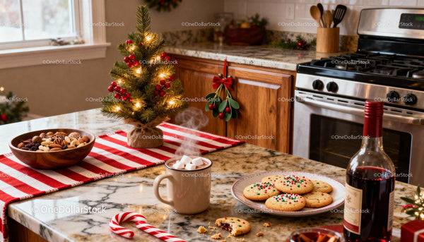 Cozy Christmas kitchen scene with cookies and hot cocoa