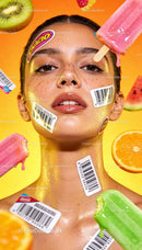 Young woman with barcode stickers among colorful fruit popsicles