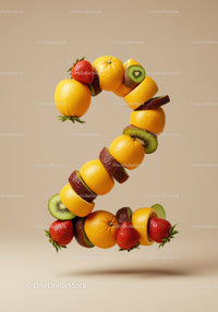 Number 2 Shaped from Fresh Mixed Fruits on Beige