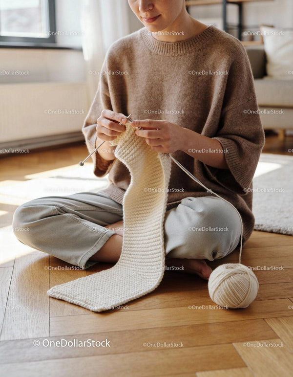 Woman knitting a cozy cream scarf at home