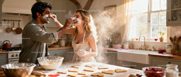 Couple Playfully Baking Heart-Shaped Cookies Together