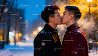 Young gay couple sharing a tender kiss in snowy city