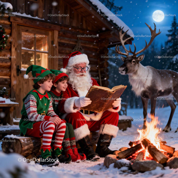 Santa Claus reading stories by a snowy campfire