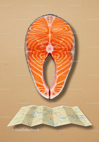 Fresh salmon steak above a folded world map on brown