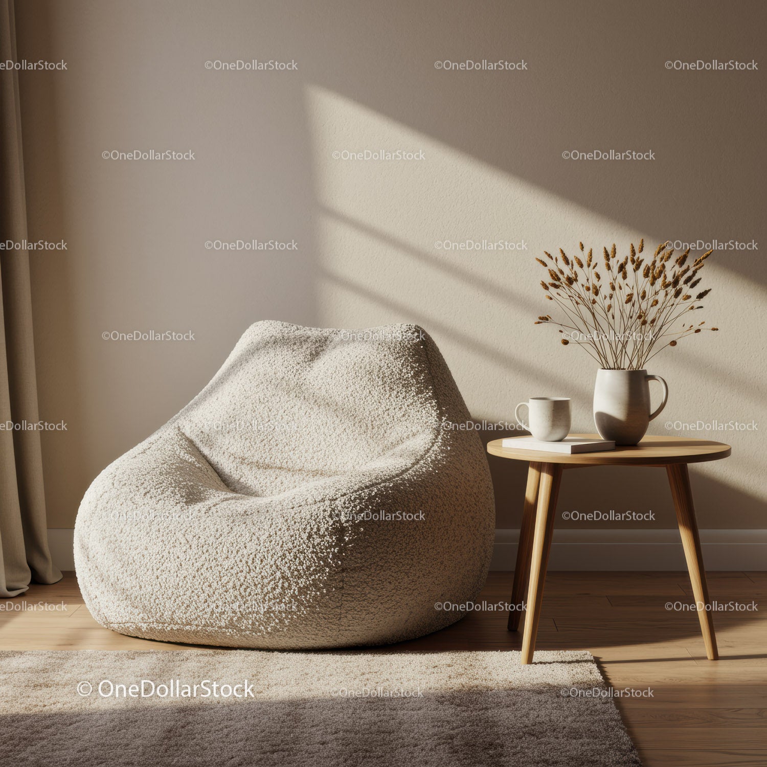 Cozy beige armchair with wooden side table and decor