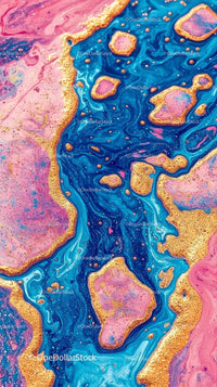 Vibrant Blue and Pink Fluid Abstract Art with Gold Accents