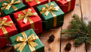Festive Christmas Gifts with Golden Bows on Wood