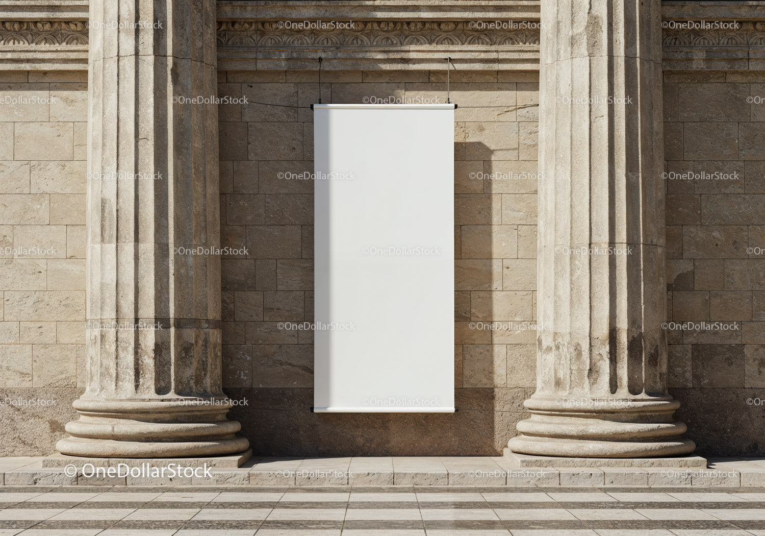 Blank Vertical Banner Between Classic Stone Columns