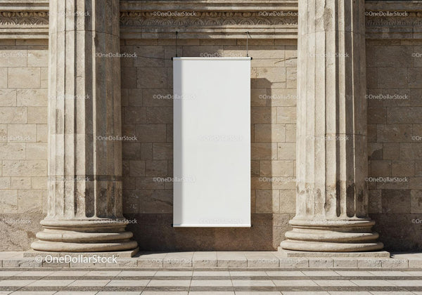 Blank Vertical Banner Between Classic Stone Columns JPG Mockup Image