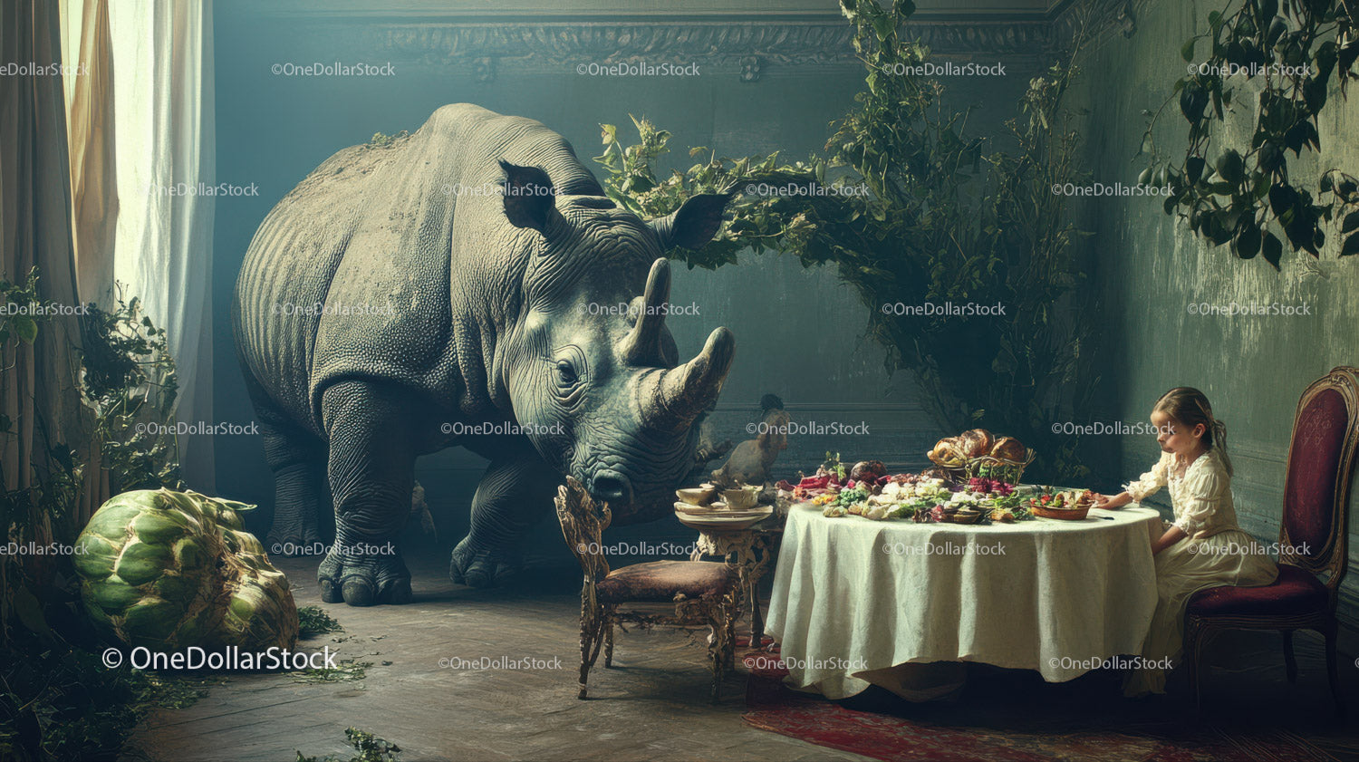 Young Rhinoceros and Girl Sitting at Dining Table Surrounded by Nature