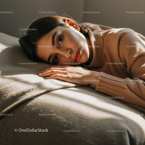 Close-Up of Relaxed Woman with Soft Lighting in Cozy Bedroom