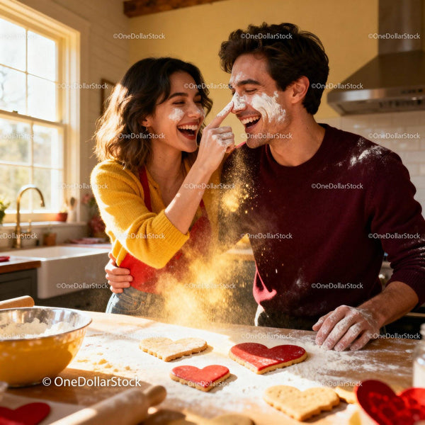 Couple Playfully Baking Heart Shaped Cookies at Home