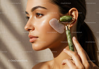 Young Woman Using Jade Roller for Facial Massage and Skin Rejuvenation