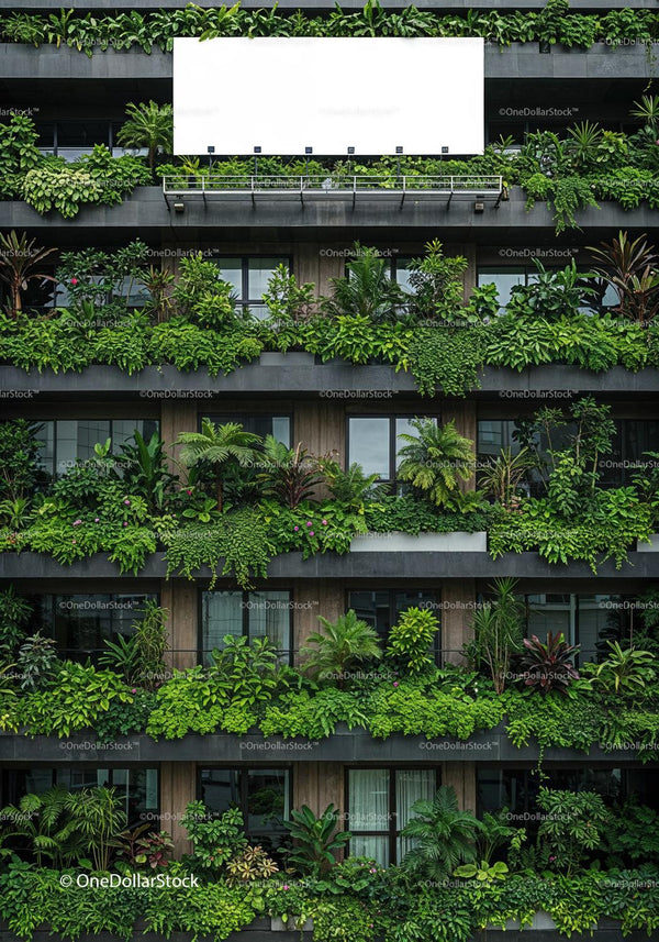 Modern building facade adorned with lush green plants JPG Mockup Image
