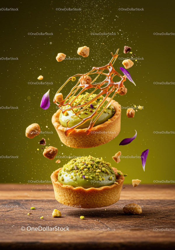 Two pistachio tarts with caramel and flower petals