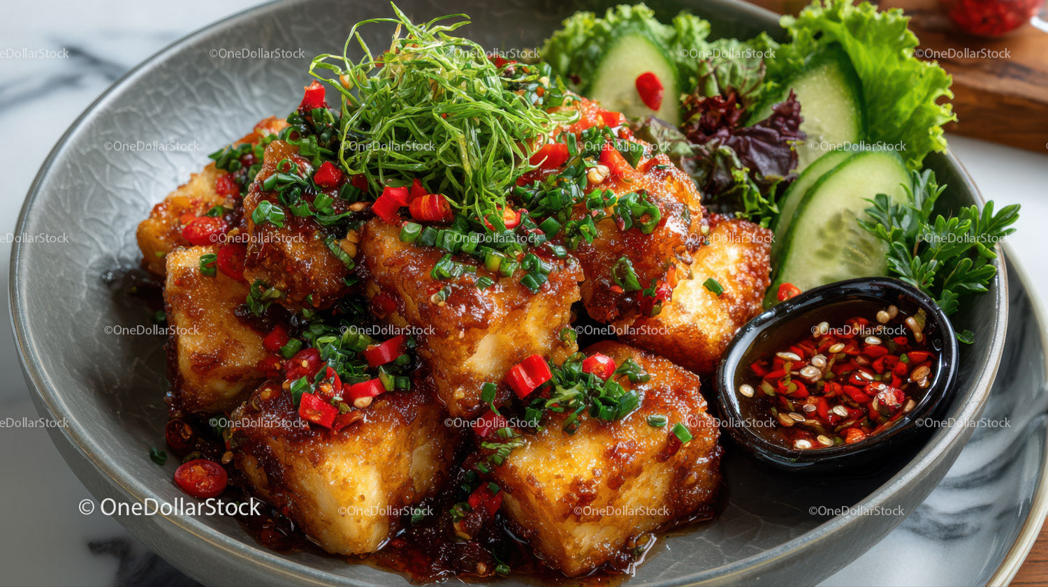 Crispy Tofu with Sweet Chili Sauce and Fresh Vegetables