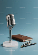 Vintage Microphone with Journal and Fountain Pen on Modern Desk