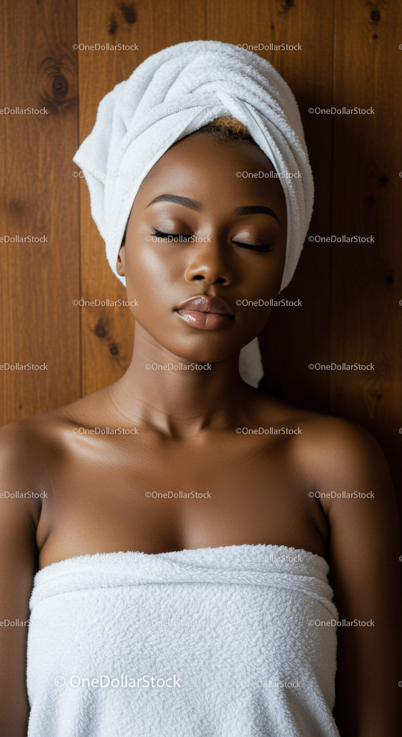 Zrelaksowana kobieta w turbanie z ręcznikiem i piękną skórą w otoczeniu spa
