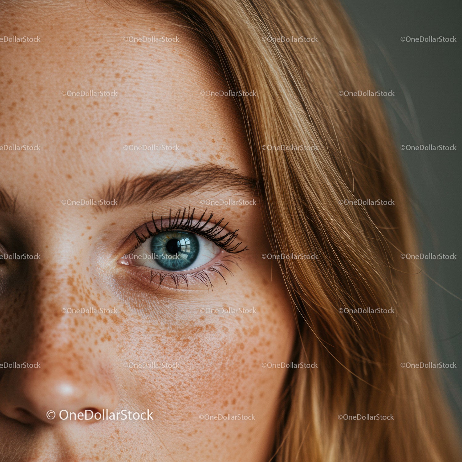 Close-up of blue eye with natural freckles and blonde hair