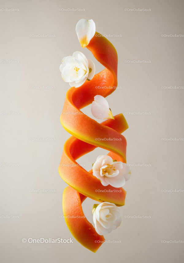 Spiral Papaya Peel Decorated with White Flowers
