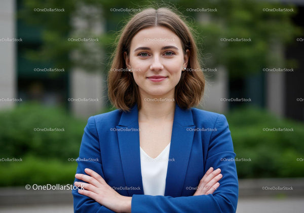 Pewna siebie bizneswoman na zewnątrz z założonymi ramionami w miejskim otoczeniu