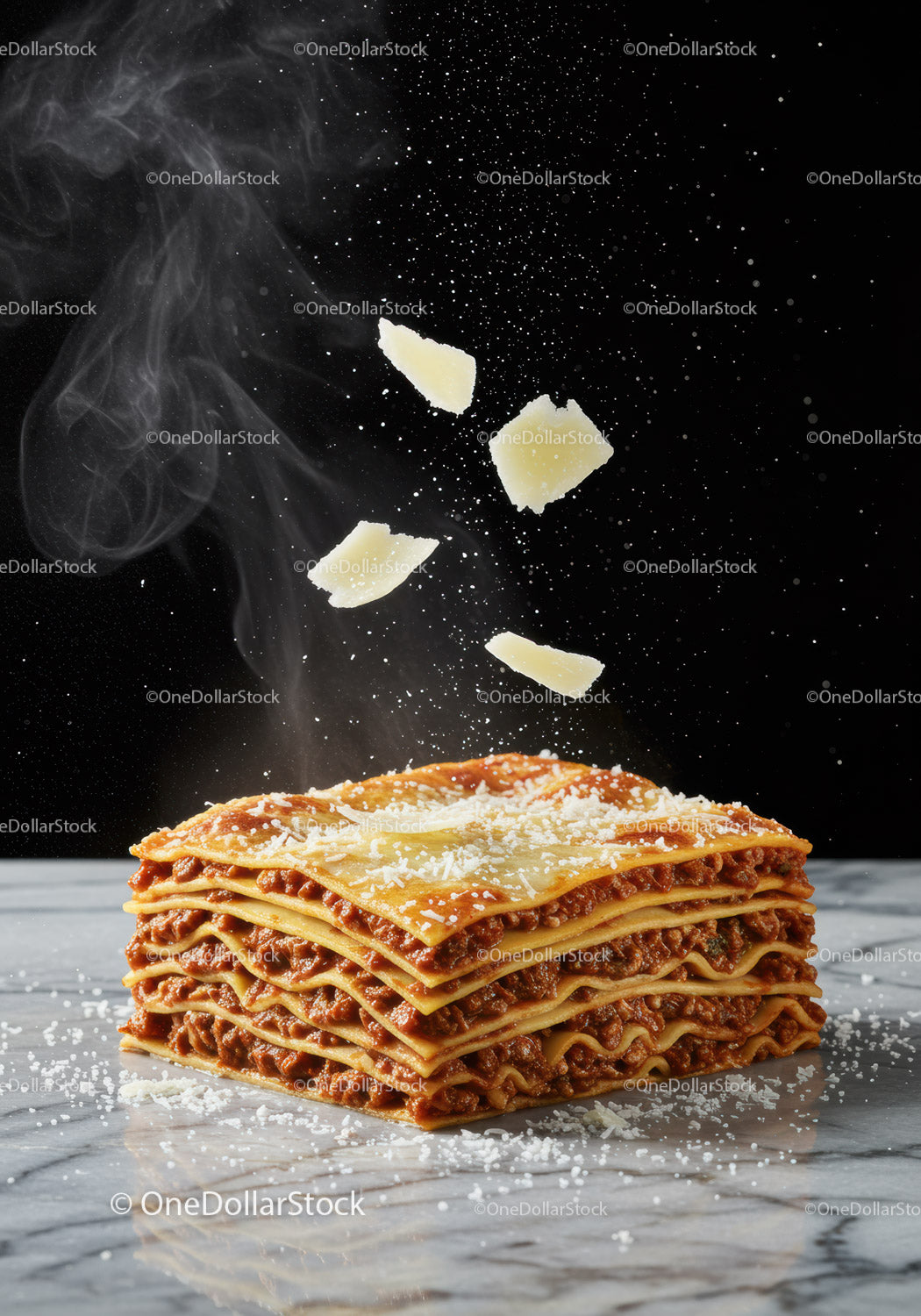 Freshly Served Hot Lasagna with Parmesan Cheese Sprinkles