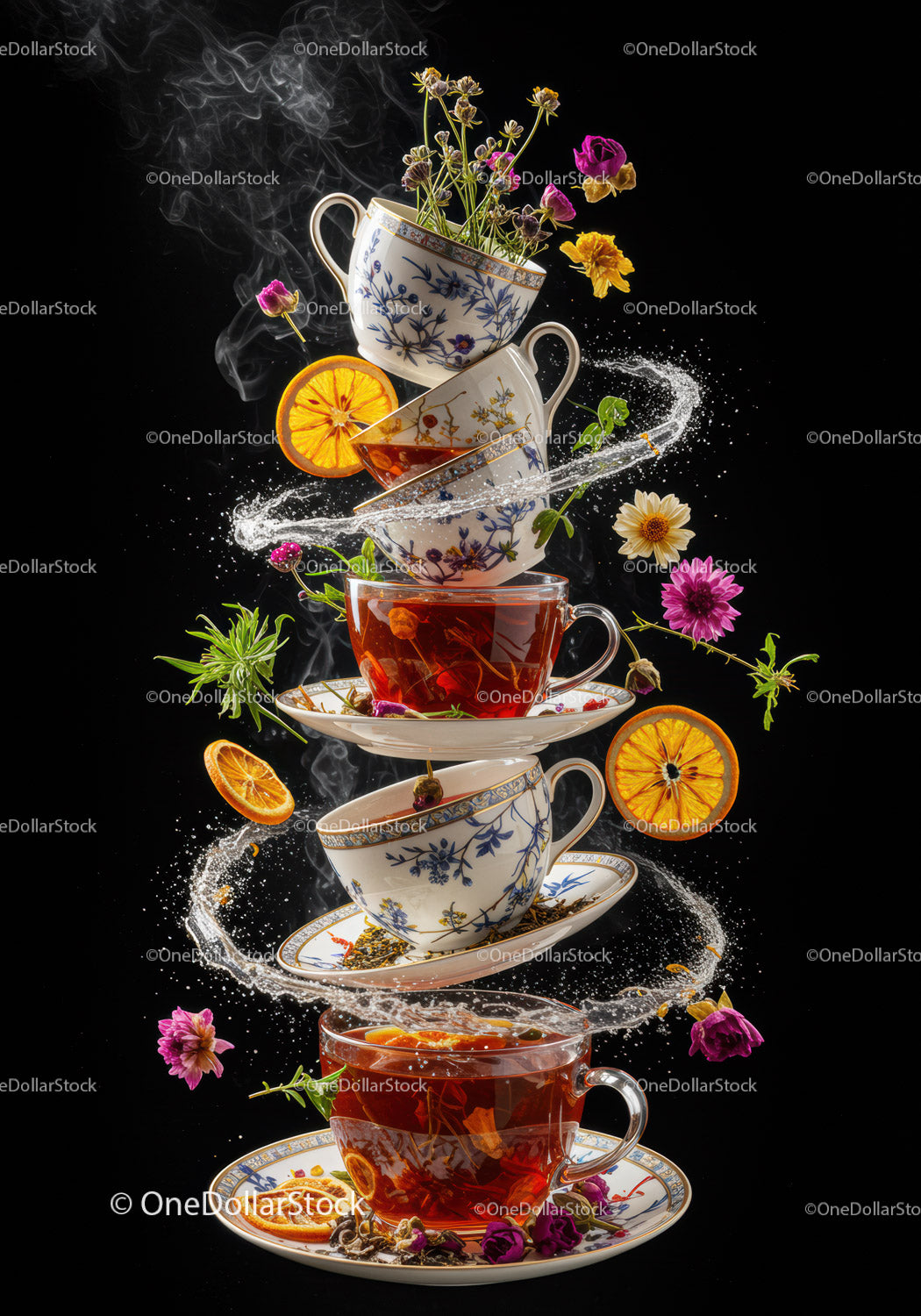 Stacked porcelain teacups with herbal tea and flowers