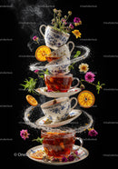 Stacked porcelain teacups with herbal tea and flowers