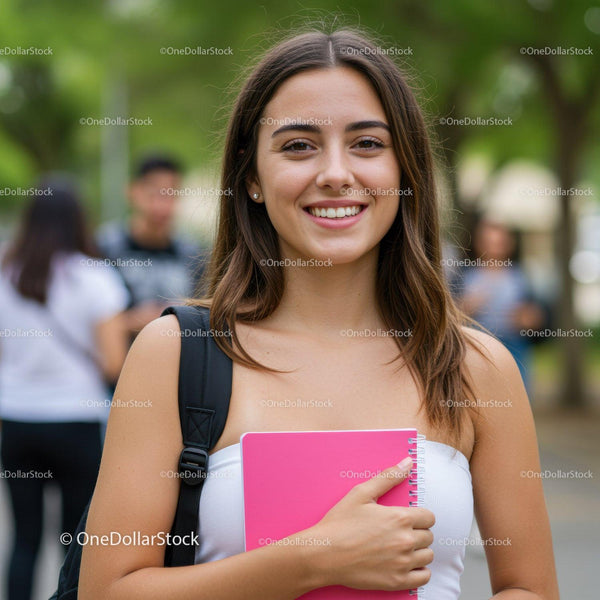 Young Woman Smiling Outdoors Holding Pink Notebook in Green Park