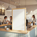 Blank Wooden Frame on Cozy Coffee Shop Counter