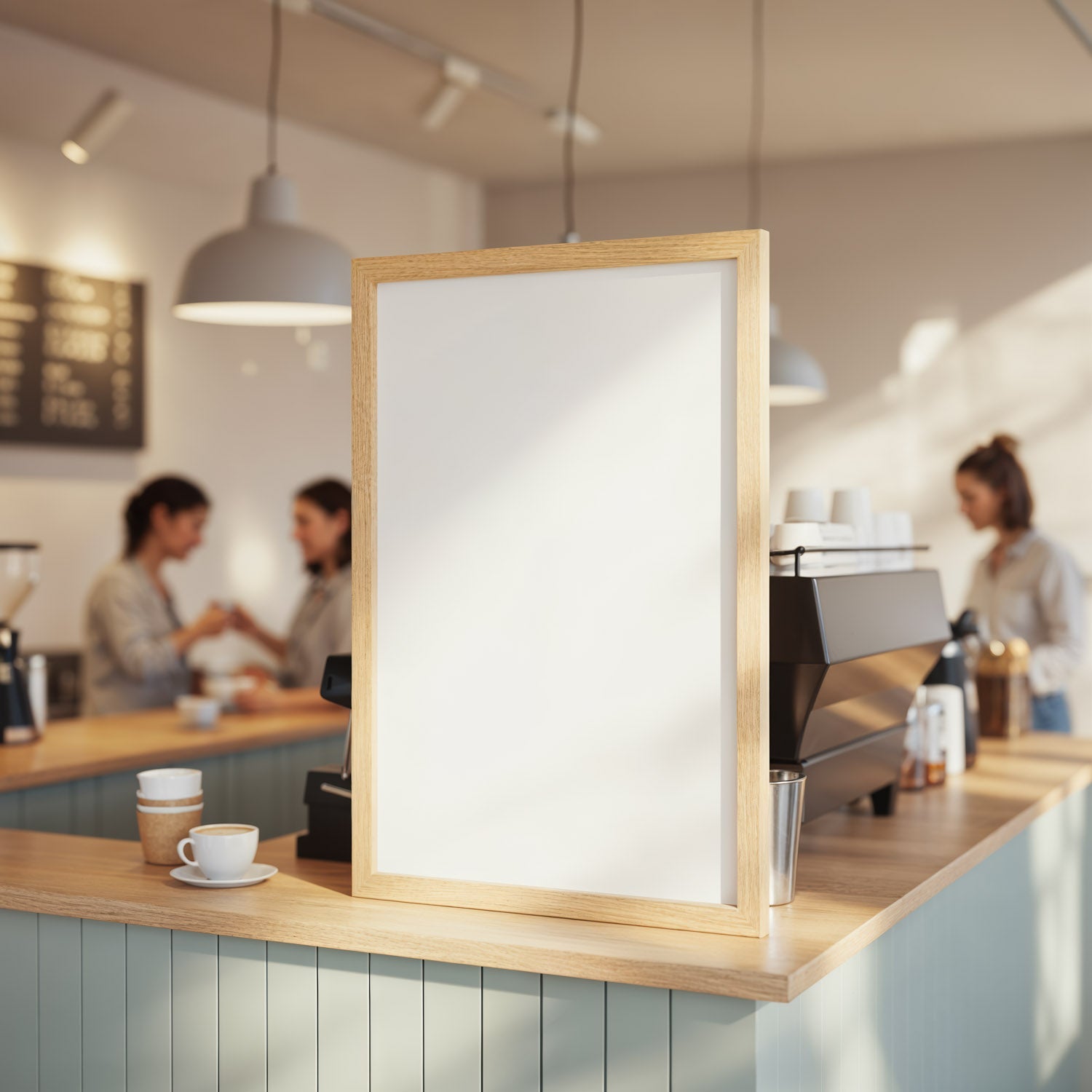 Blank Wooden Frame on Cozy Coffee Shop Counter
