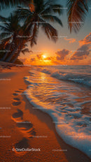 Tropical Sunset Over Ocean with Palm Trees and Footprints