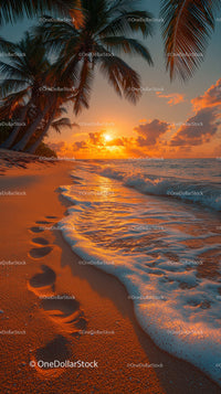 Tropical Sunset Over Ocean with Palm Trees and Footprints