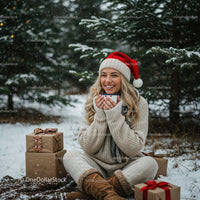 Smiling woman in Santa hat enjoying hot drink outdoors