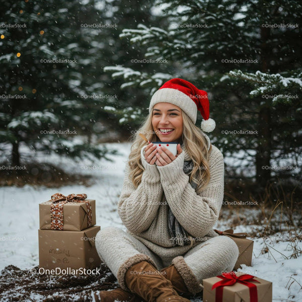Smiling woman in Santa hat enjoying hot drink outdoors