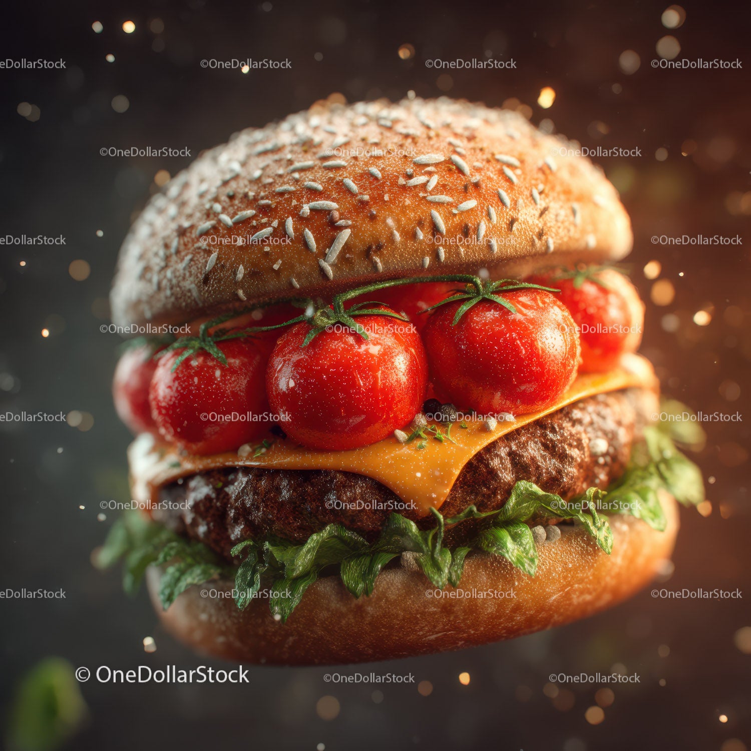 Soczysty burger wołowy z pomidorkami koktajlowymi, sałatą i serem