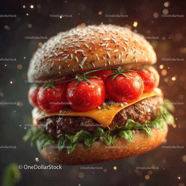 Soczysty burger wołowy z pomidorkami koktajlowymi, sałatą i serem