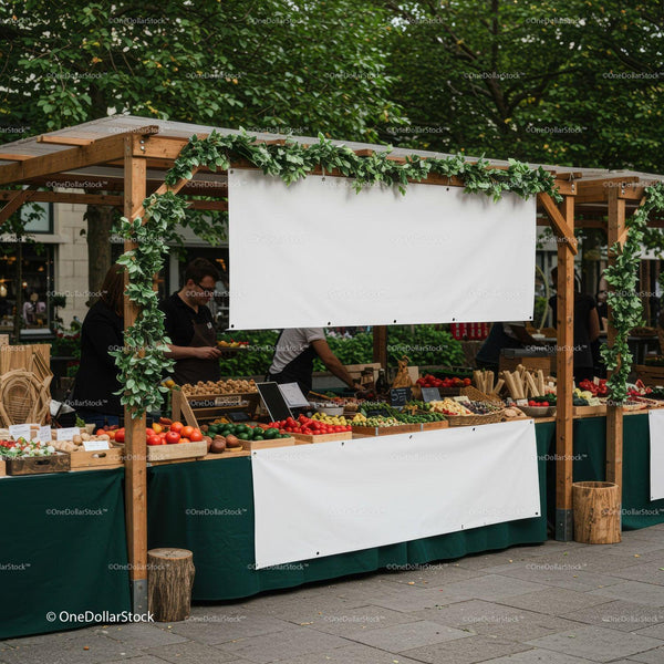 Outdoor Farmer's Market Stall with Fresh Organic Produce JPG Mockup Image