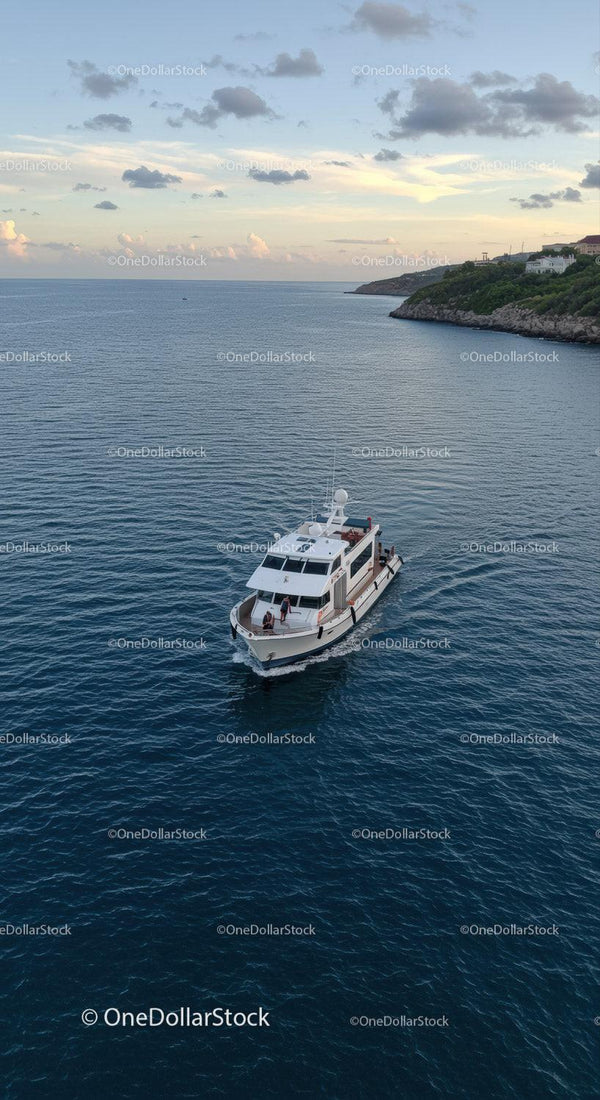 Luxury Yacht Sailing on Calm Blue Sea with Coastal Landscape