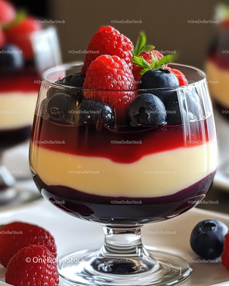 Elegant Layered Berry Cheesecake in Glass with Fresh Fruits