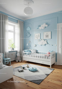 Bright Children's Nursery with Cloud Wall Decorations and Cozy Decor