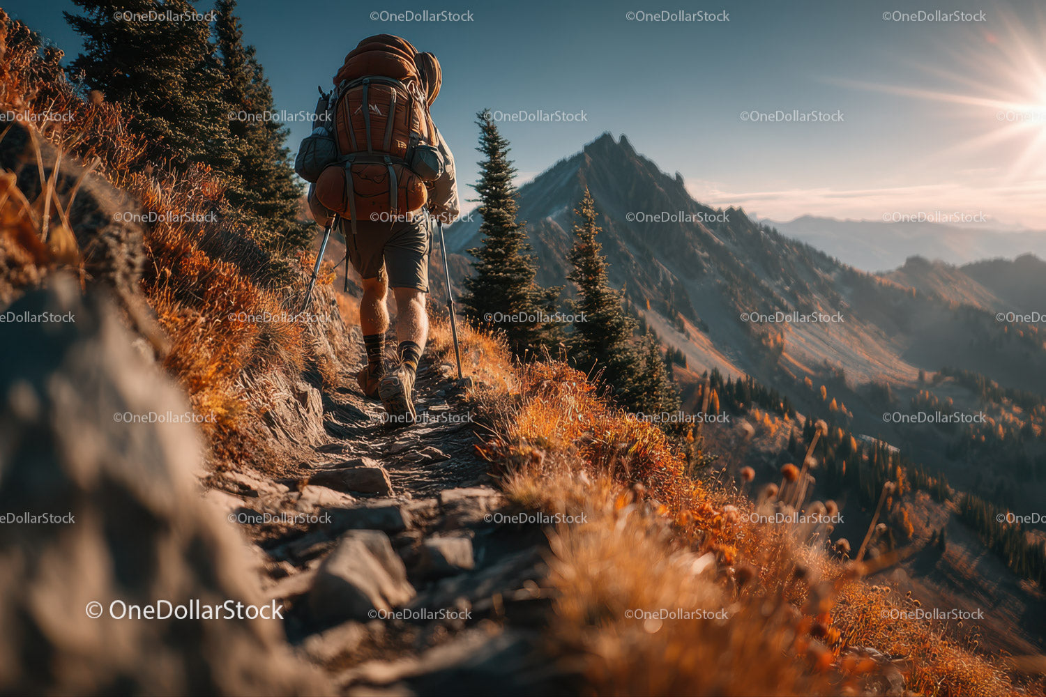 Mountain Hiking Trail with Climber in Autumn Landscape