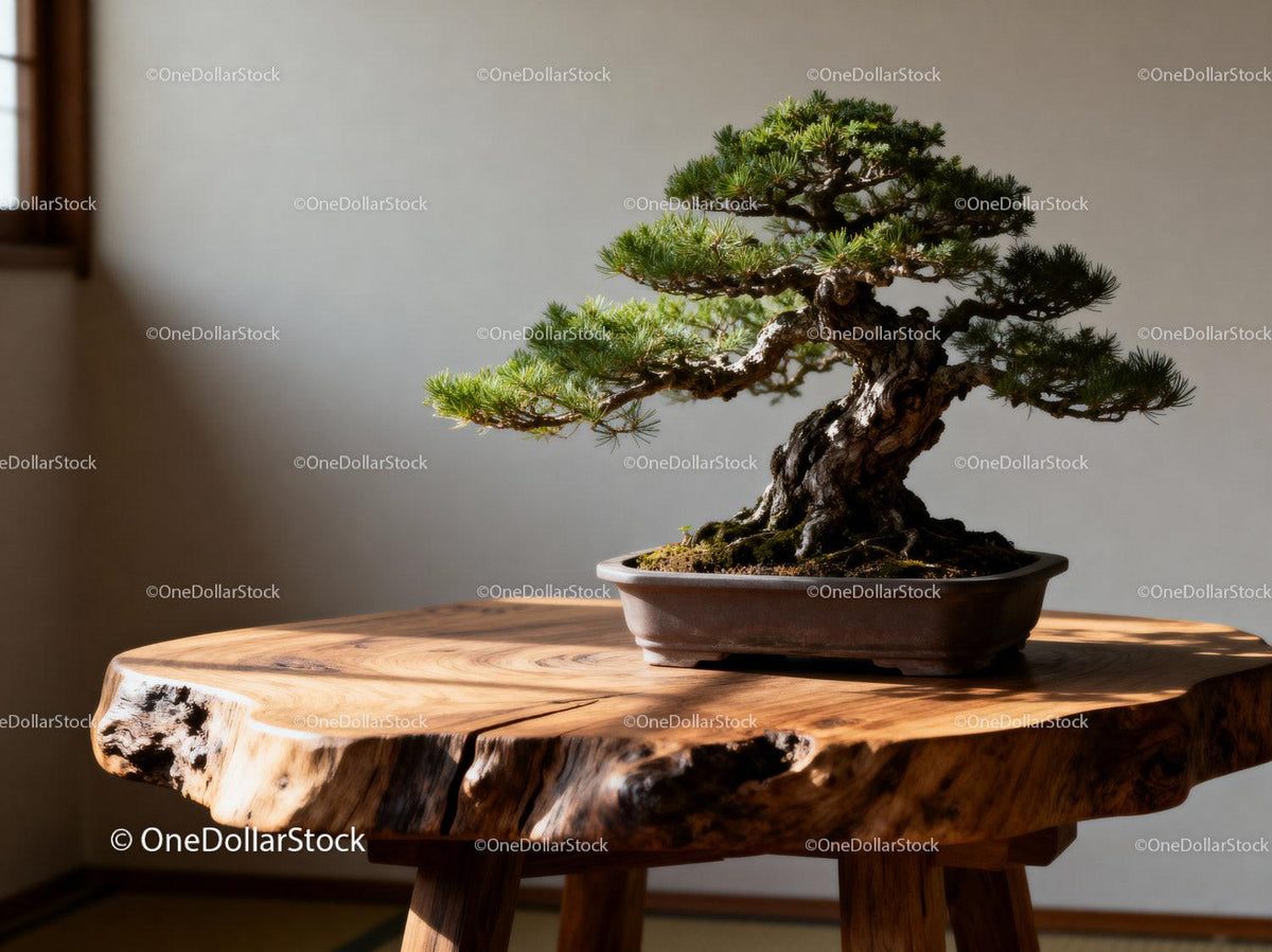 Aged bonsai tree on natural wood table in soft light